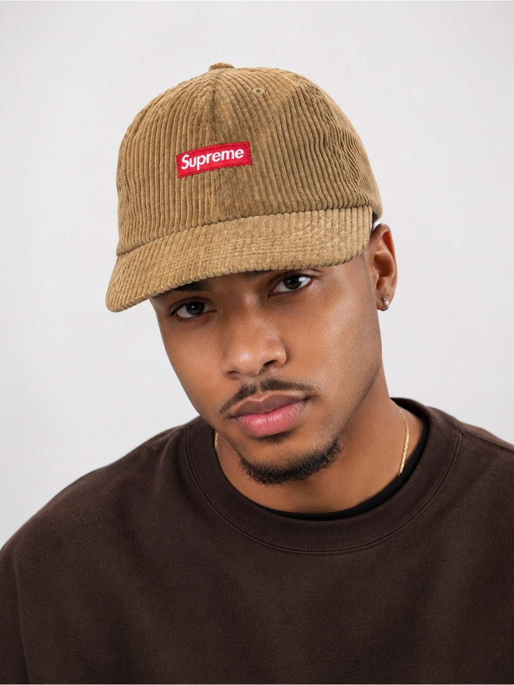 Supreme Corduroy Cap in Tan with Red Logo